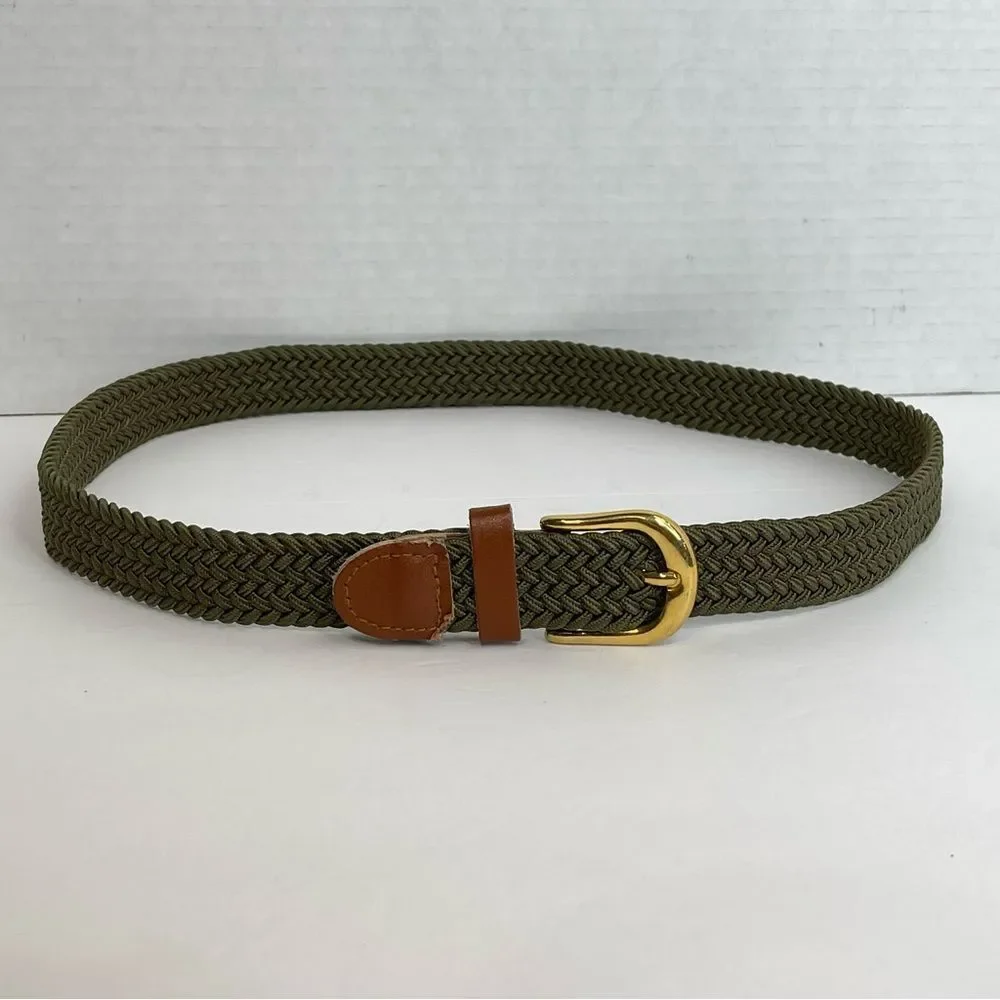 Army Green Stretchy Woven Belt Brown Trim Brass Toned Buckle Men's 28-30